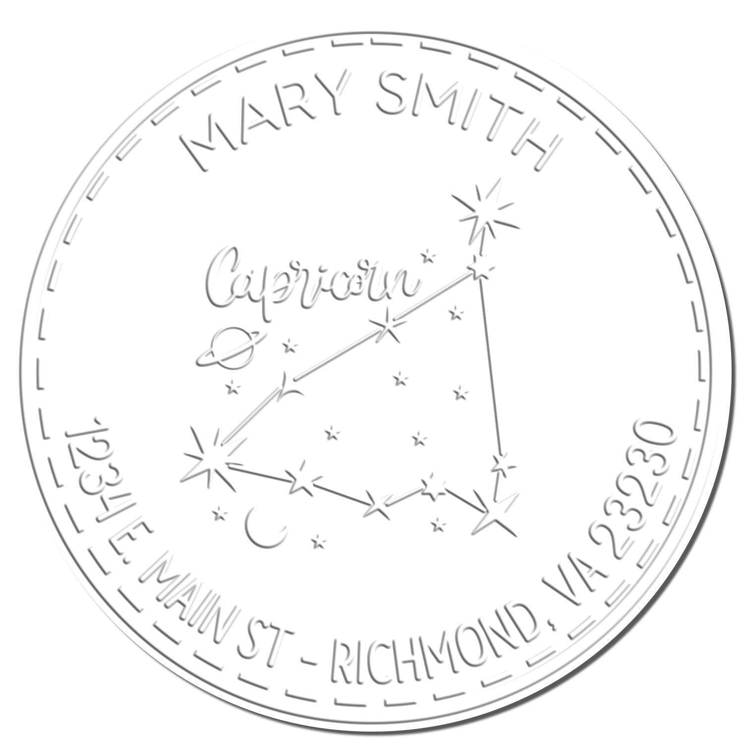 Circular white embossed stamp seal with Mary Smith, Capricorn constellation, and Richmond, VA address.