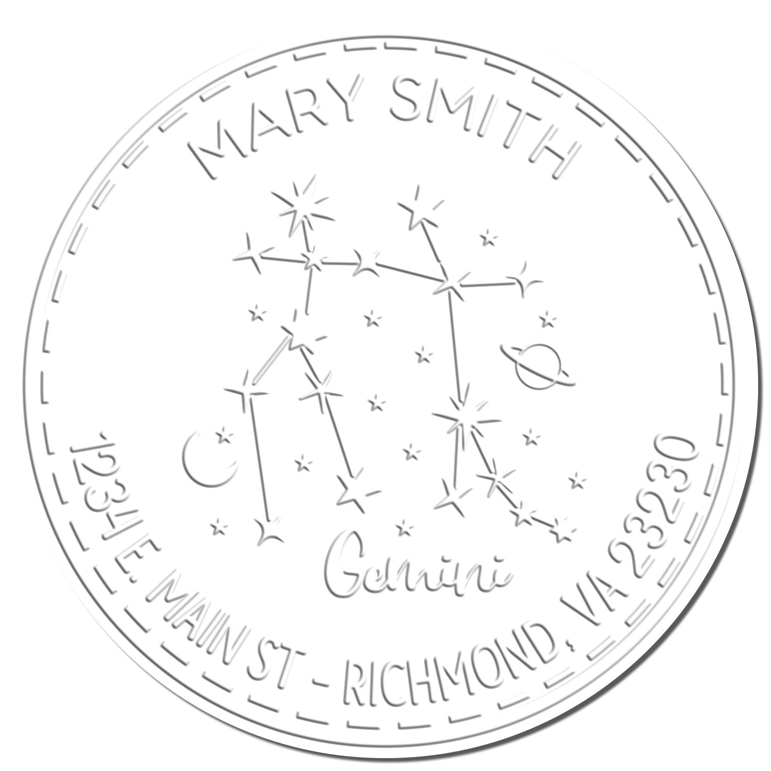 Embossed silver circular Gemini stamp seal with constellation design, Mary Smith name, and Richmond, VA address.