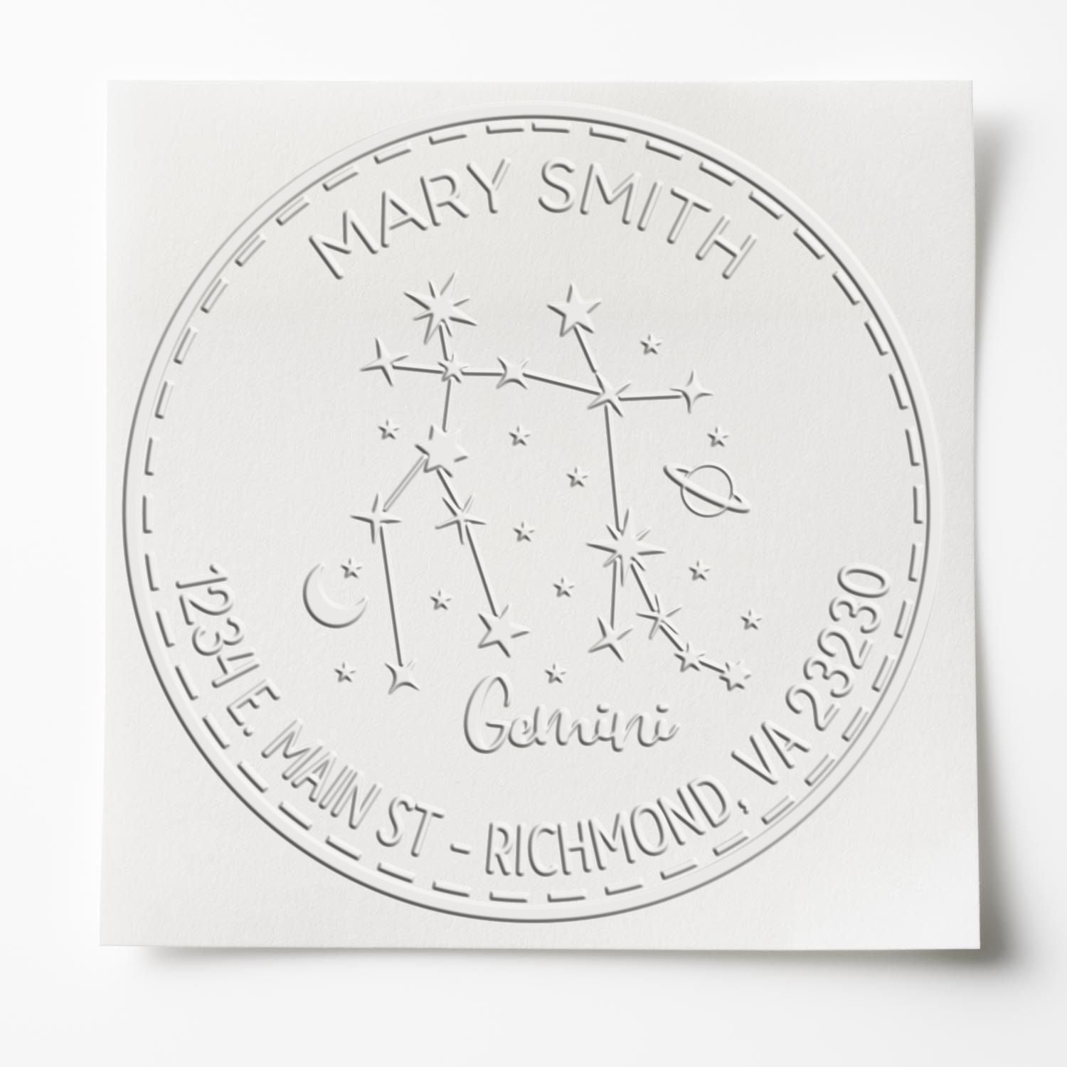 White embossed circular stamp seal with Gemini constellation, Mary Smith, and Richmond, VA text.