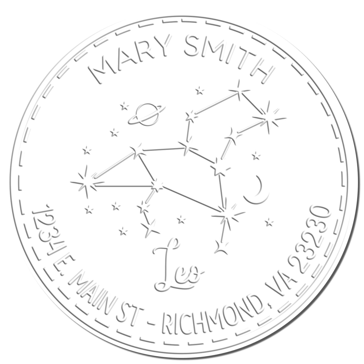 Embossed round silver stamp seal with constellation motif, Mary Smith, Leo, and Richmond, VA address.