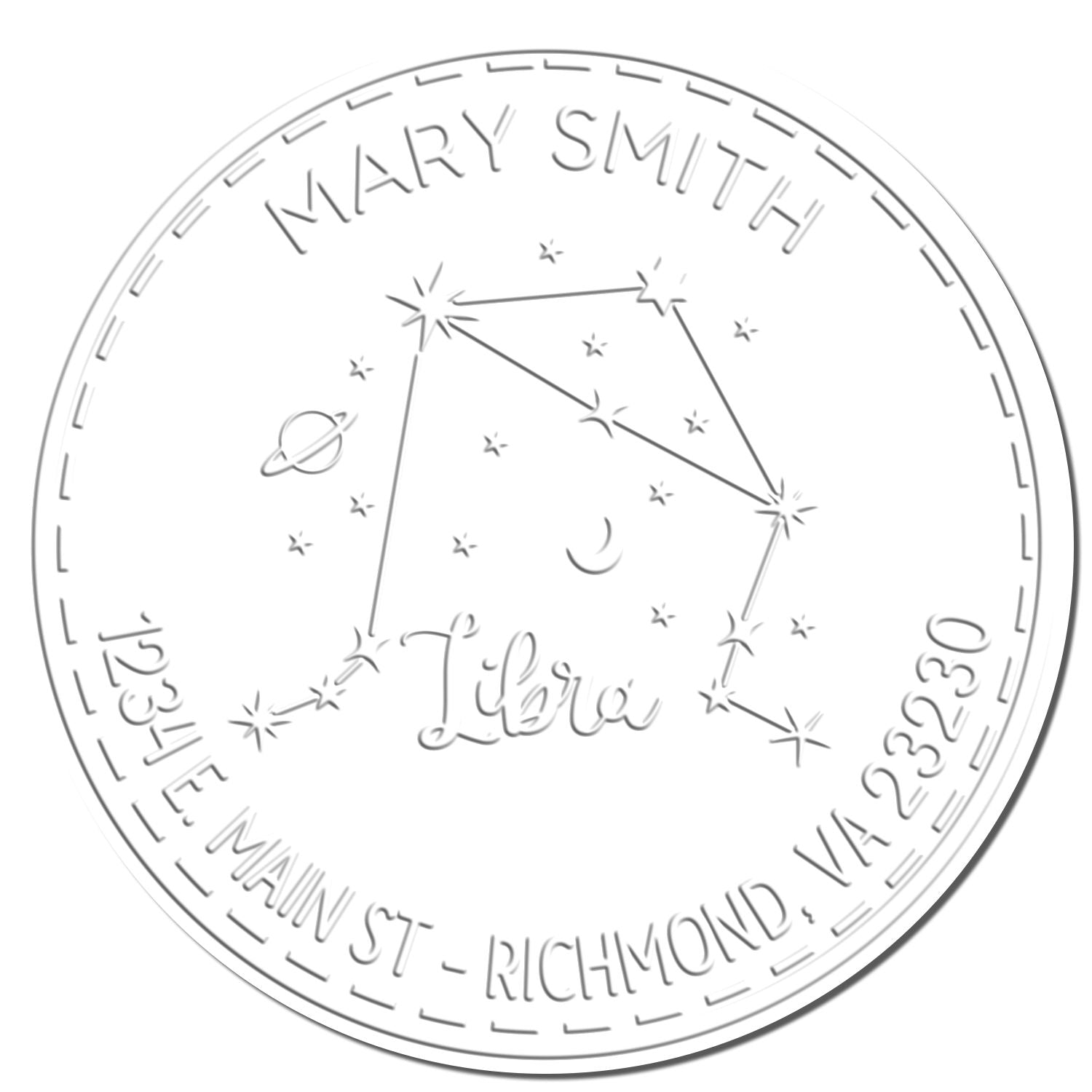 Silver circular embossed Libra stamp seal with stars, Mary Smith name, and Richmond, VA address around the border.