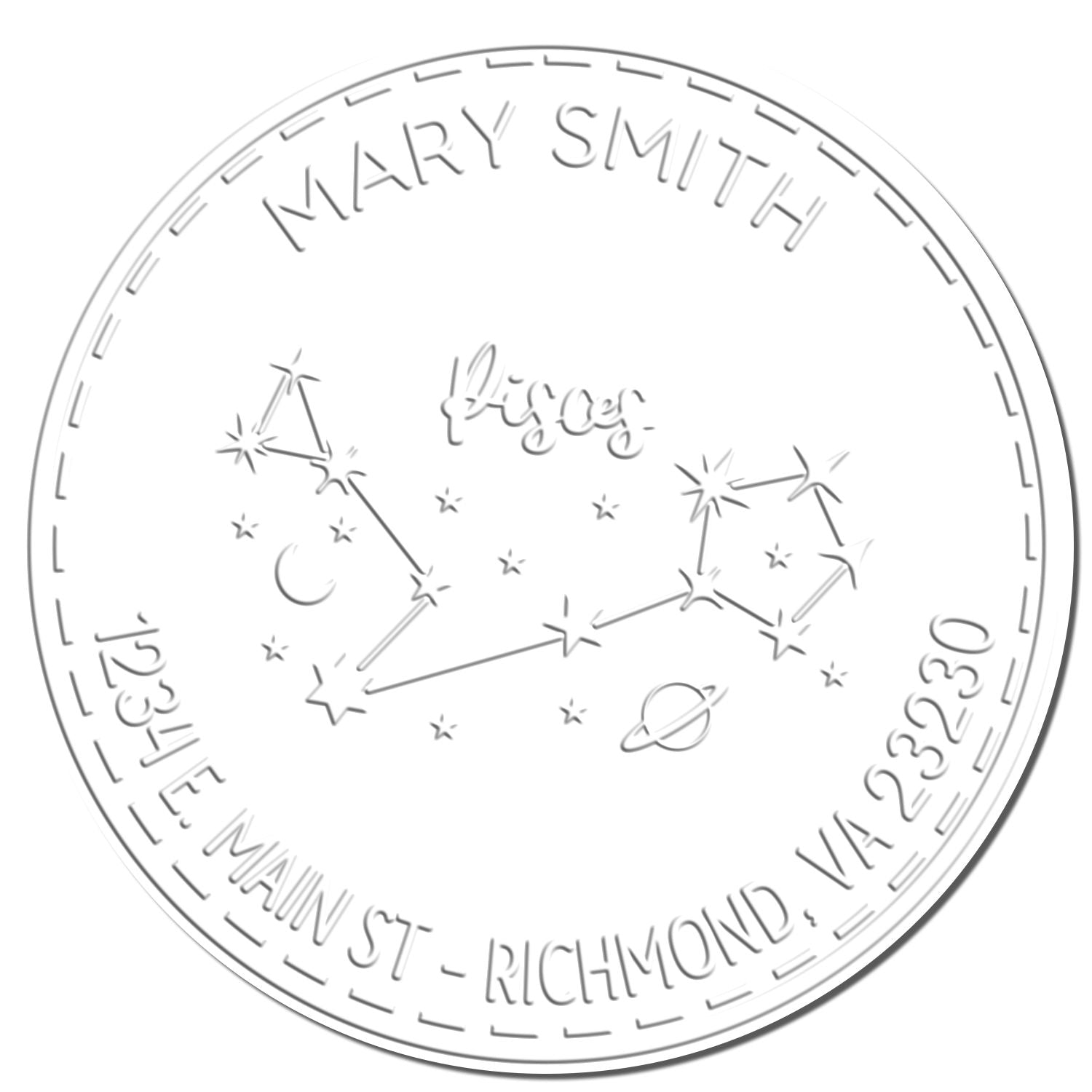 Light gray embossed circular stamp seal for Mary Smith, featuring Virgo constellation and Richmond, VA address text.