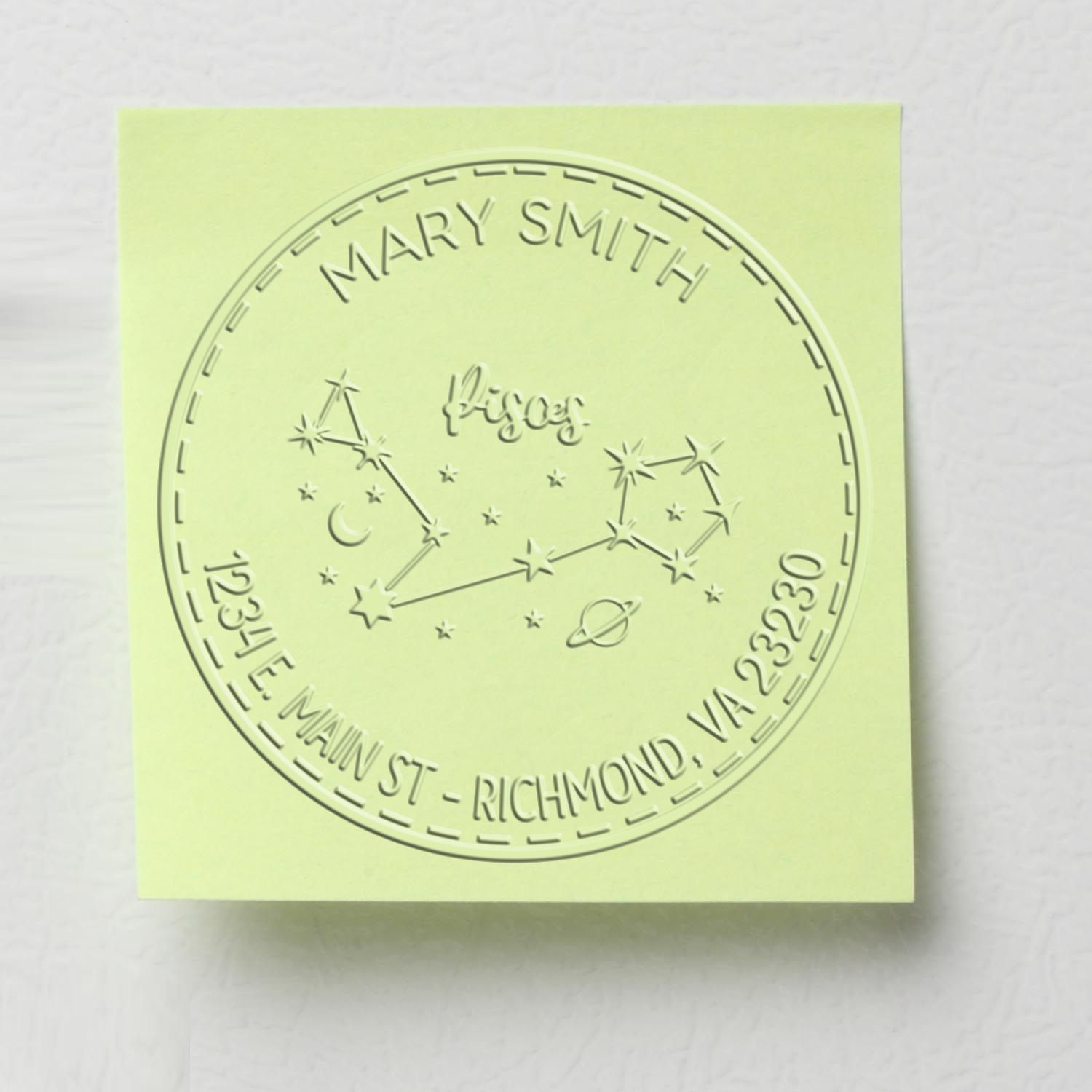Pale green embossed round stamp seal with Mary Smith, Pisces constellation, and Richmond, VA address
