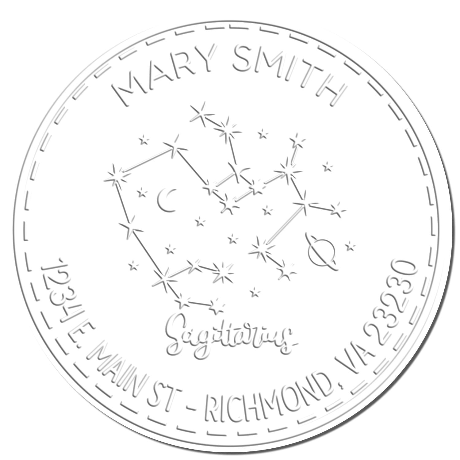 Round silver Sagittarius custom stamp seal with Mary Smith, constellation stars, and Richmond, VA text.