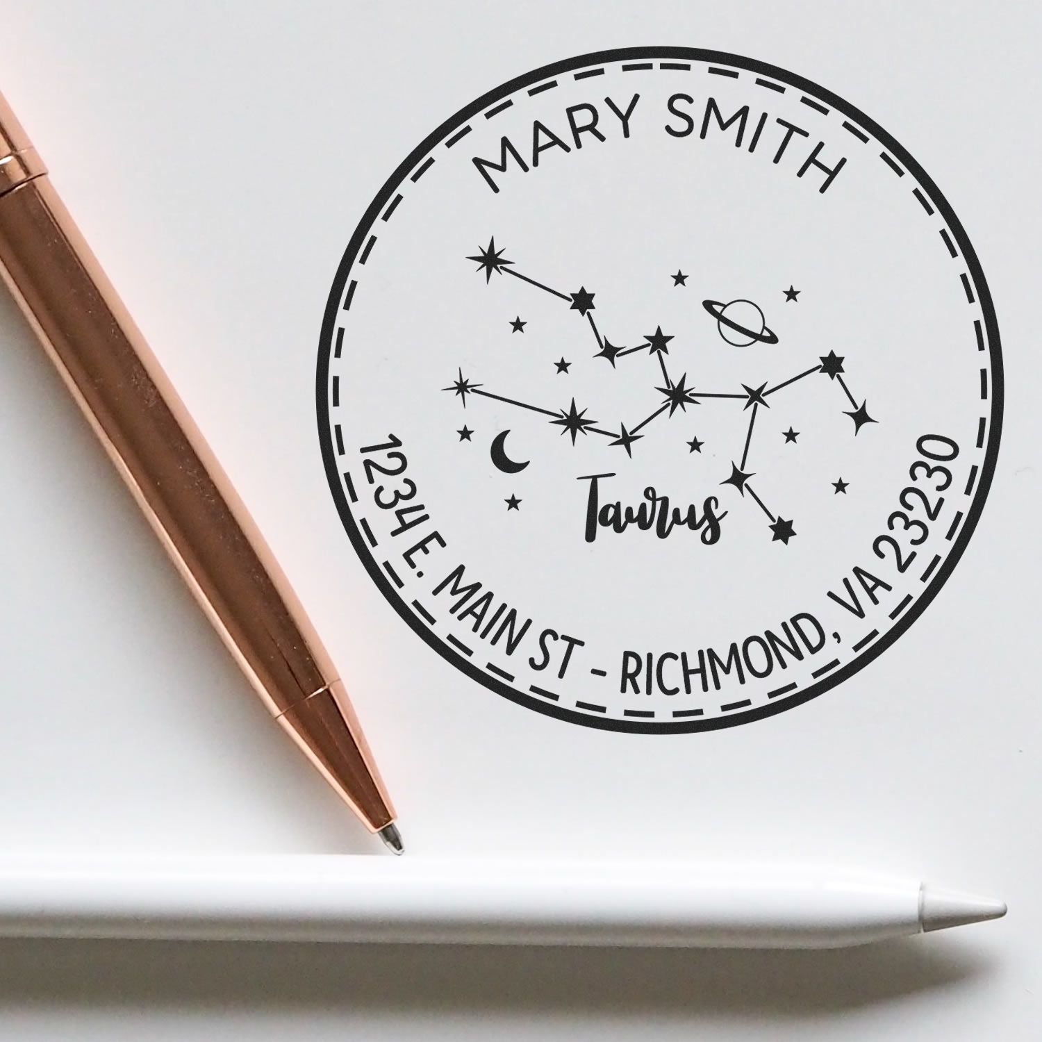 Wood Handle Constellation Taurus Custom Name And Address Stamp - Engineer Seal Stamps