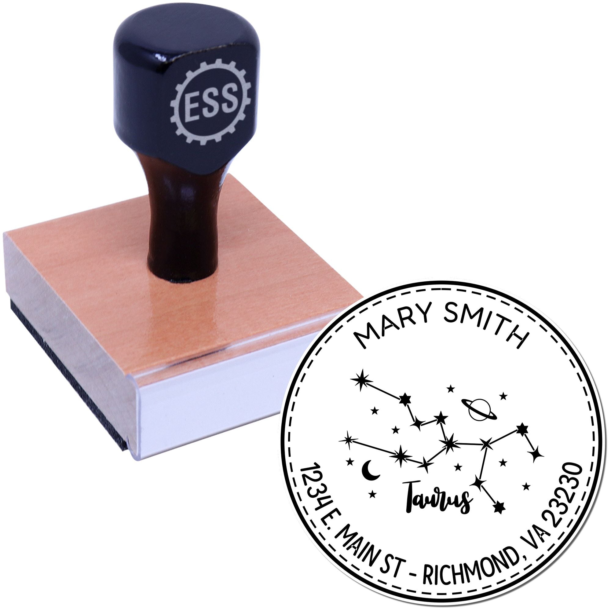 Wood Handle Constellation Taurus Custom Name And Address Stamp - Engineer Seal Stamps