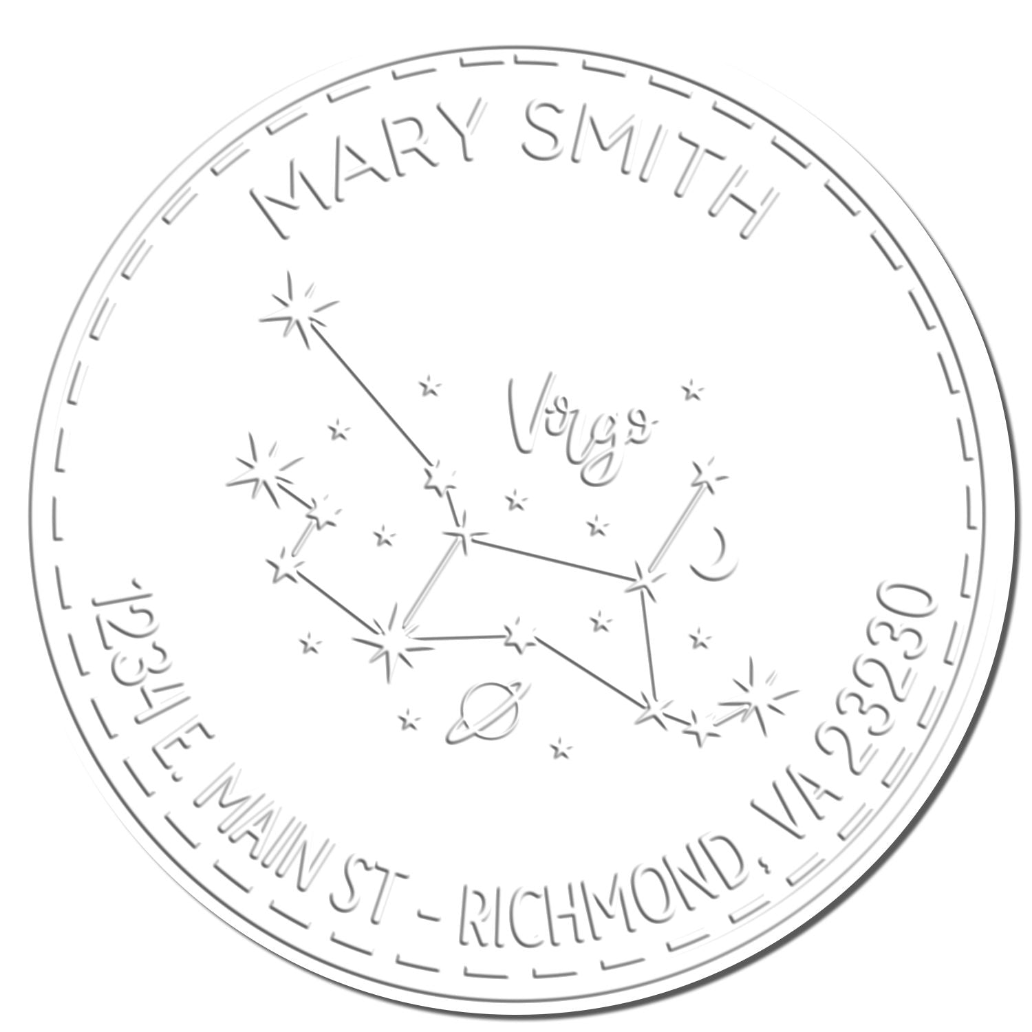Circular gray embossing seal stamp with Mary Smith, Virgo constellation, Richmond, VA 23230.