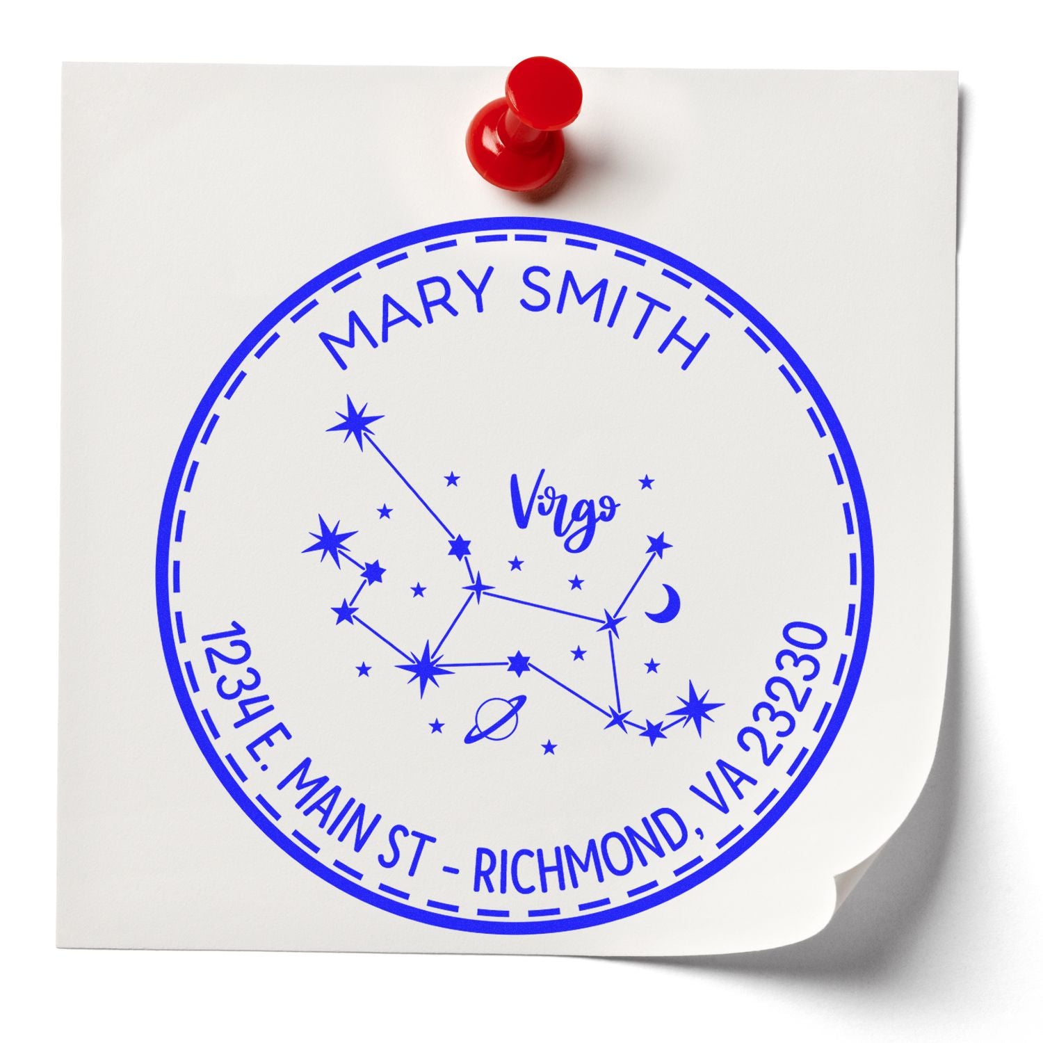 Blue Virgo custom stamp seal with Mary Smith and Richmond, VA address, shown on white paper with a red pushpin.