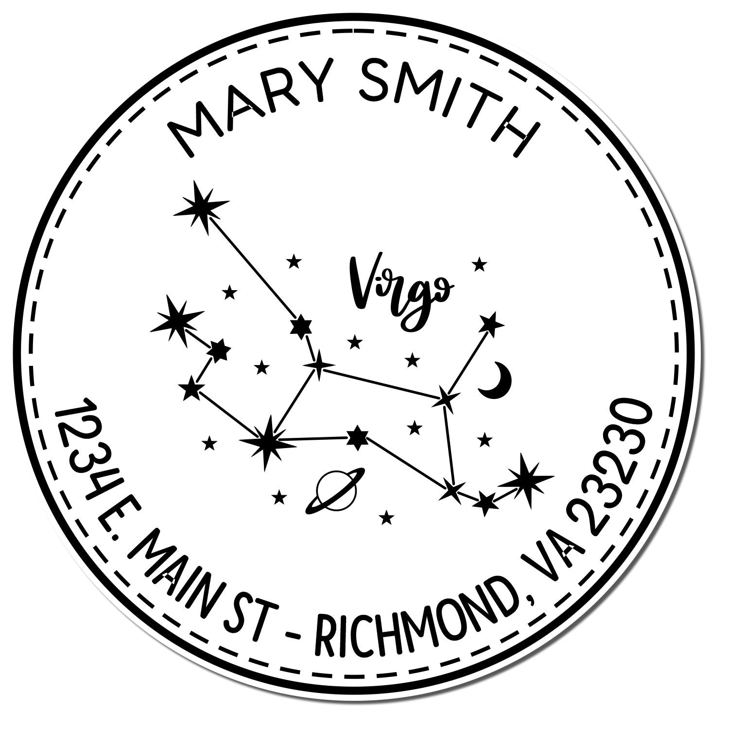 Black-and-white circular Virgo constellation stamp seal for Mary Smith, 1234 E. Main St, Richmond, VA 23230.