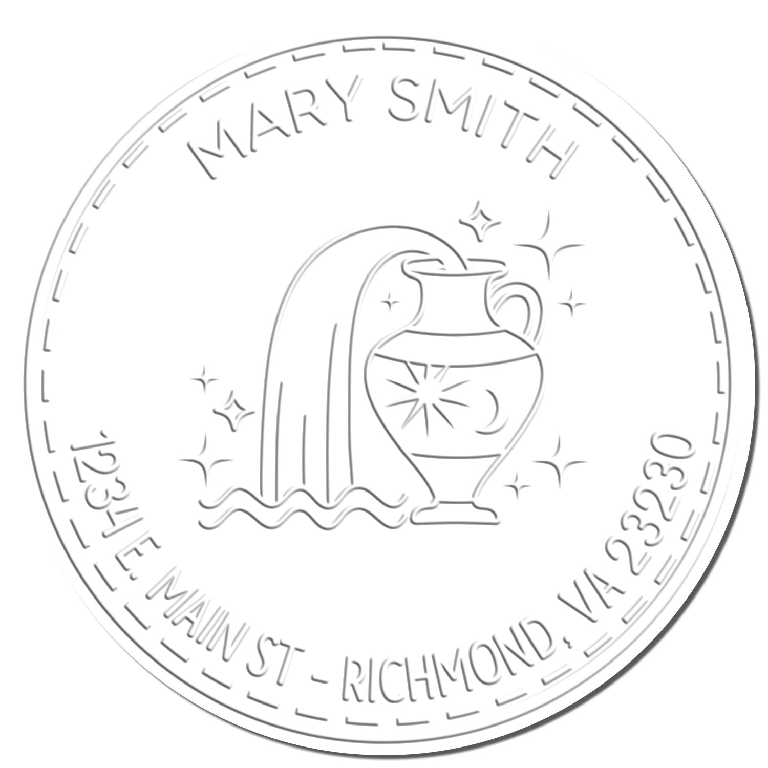 Embossed gray circular chef stamp seal for Mary Smith, with pitcher and fountain icon, Main St Richmond VA 23230