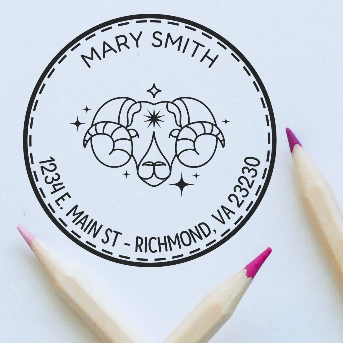 Black circular custom stamp seal with ram skull, stars, and Mary Smith, 1234 E Main St, Richmond, VA 23230