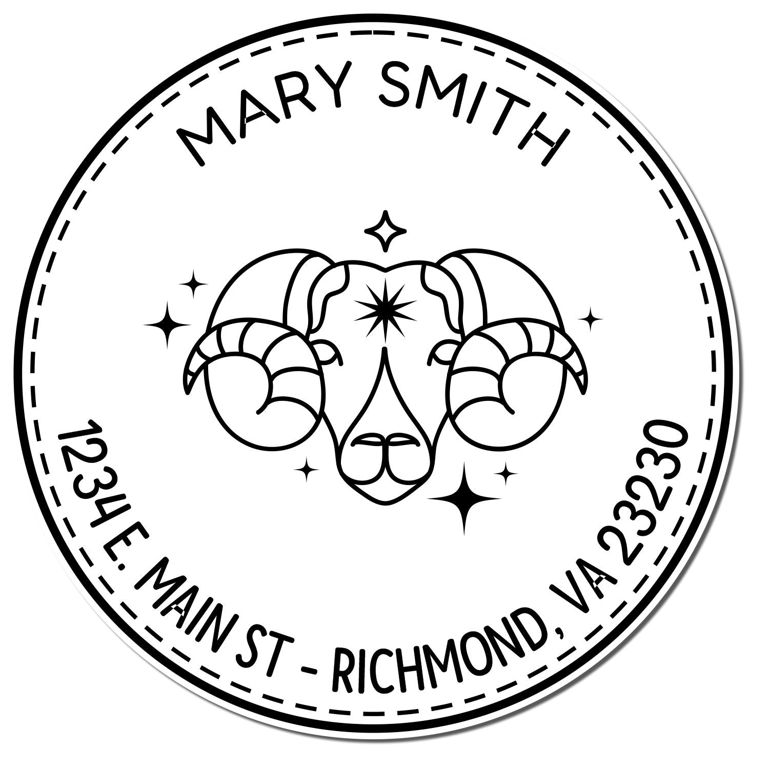 Black-and-white circular rubber stamp seal with ram head, stars, and text Mary Smith, 1234 E. Main St, Richmond, VA 23230