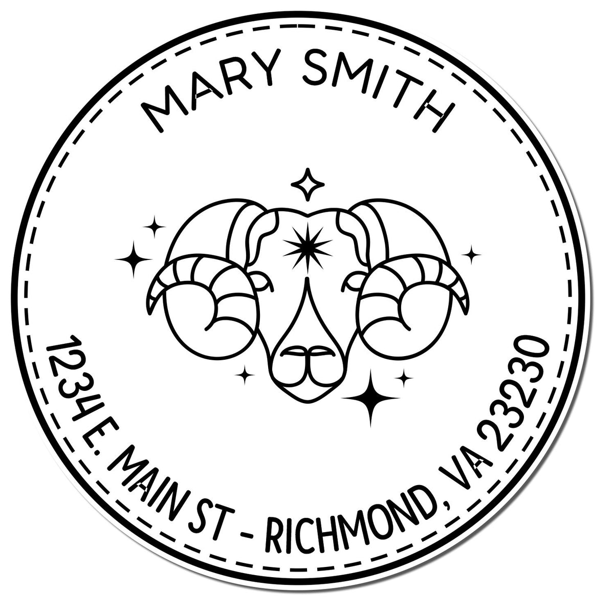 Black-and-white circular custom stamp seal with Aries ram, Mary Smith, and address: 1234 E. Main St., Richmond, VA 23230