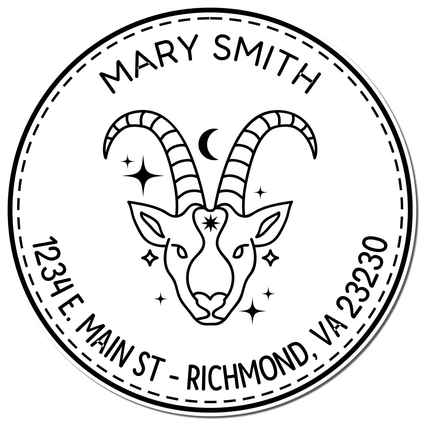 Black-and-white circular business stamp seal with ram head, stars, and text for Mary Smith, 1234 E. Main St., Richmond, VA 23230.