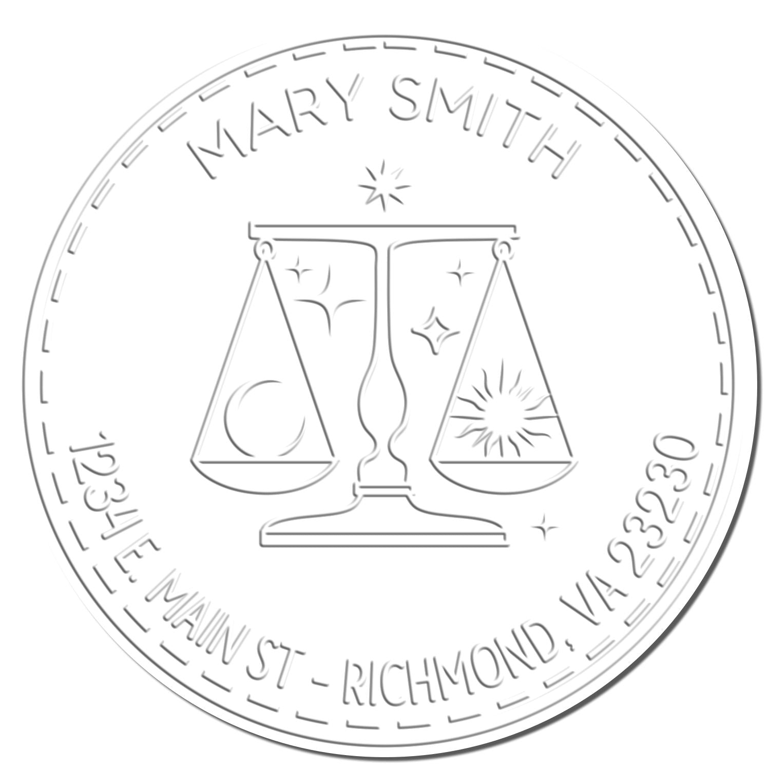 Embossed silver-gray circular seal stamp with scales of justice, Mary Smith, therapist, and Richmond, VA 23230.