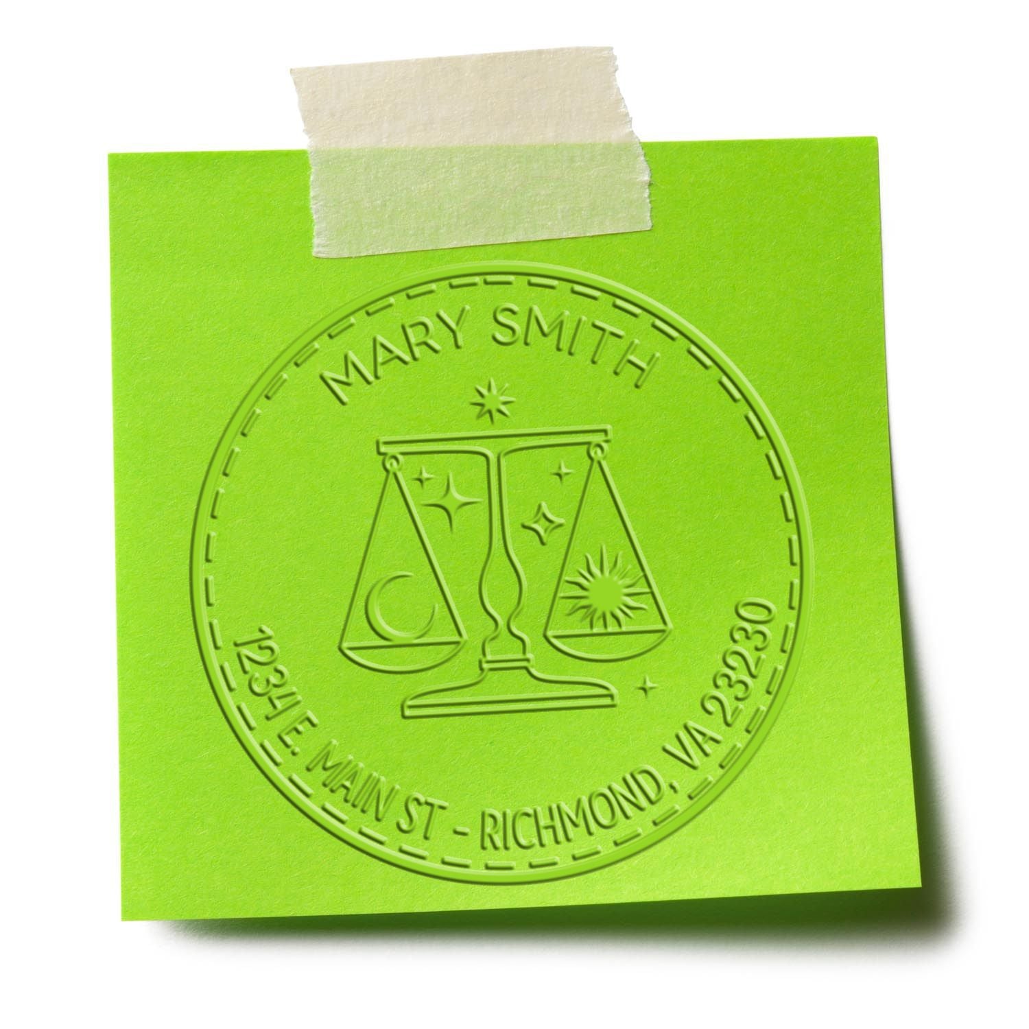 Bright green embossed notary seal on taped note, with scales of justice, Mary Smith name, and circular stamp design.