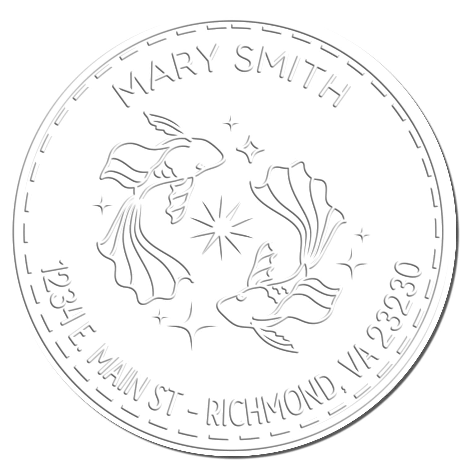 Silver circular embossed stamp seal with two fish, Mary Smith, and Richmond, VA 23230 on white background.