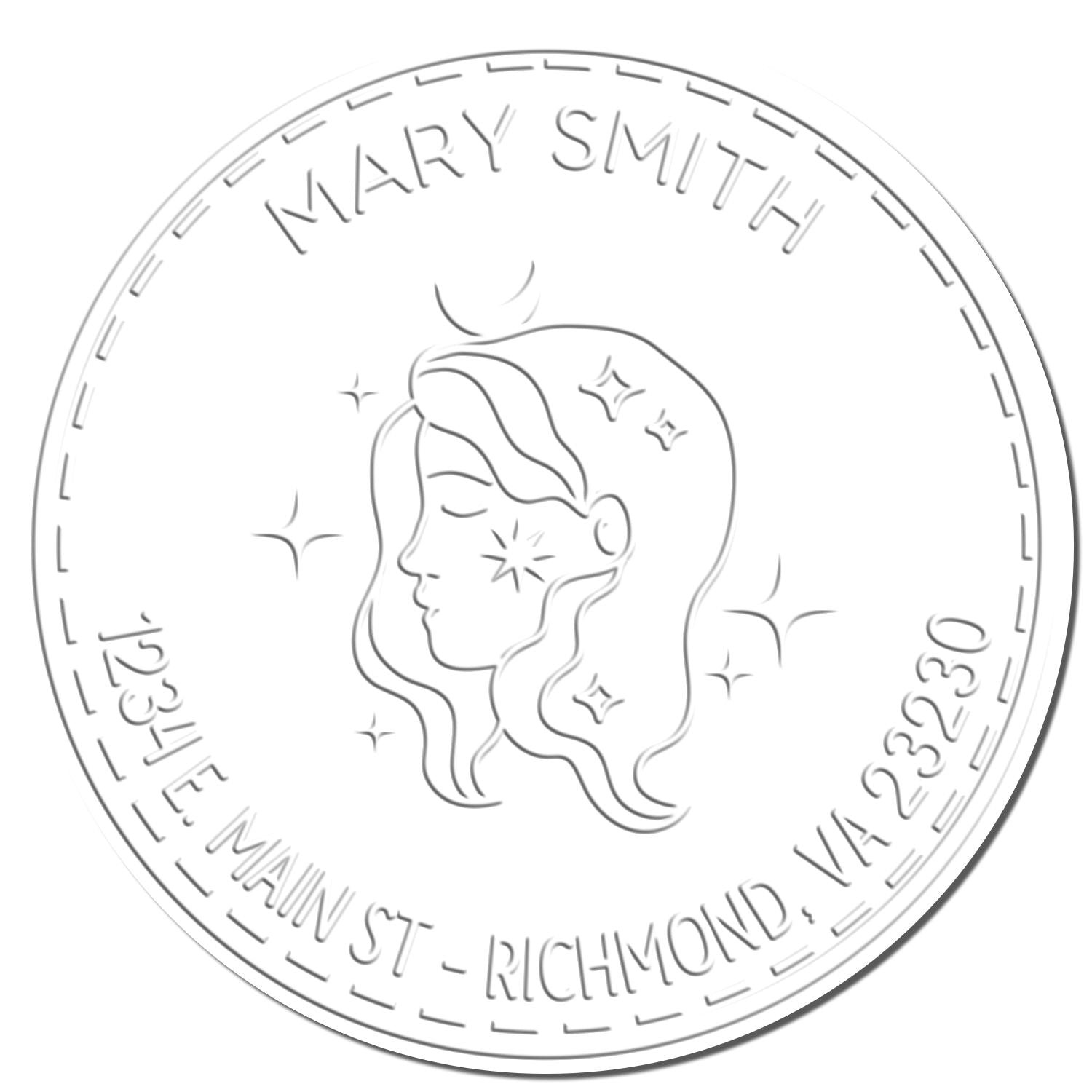 Silver circular embossing stamp seal featuring a womans profile, stars, and Mary Smith text on white.