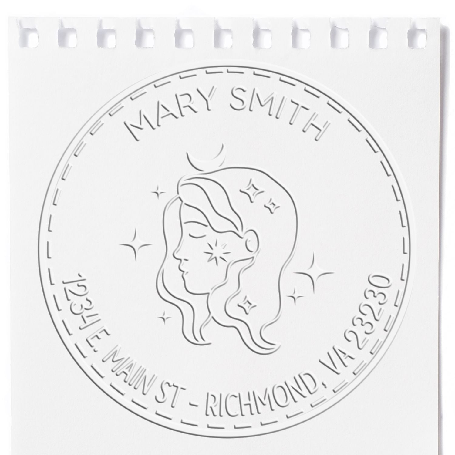White embossed circular seal stamp with Mary Smith profile, sparkles, and Richmond, VA text.