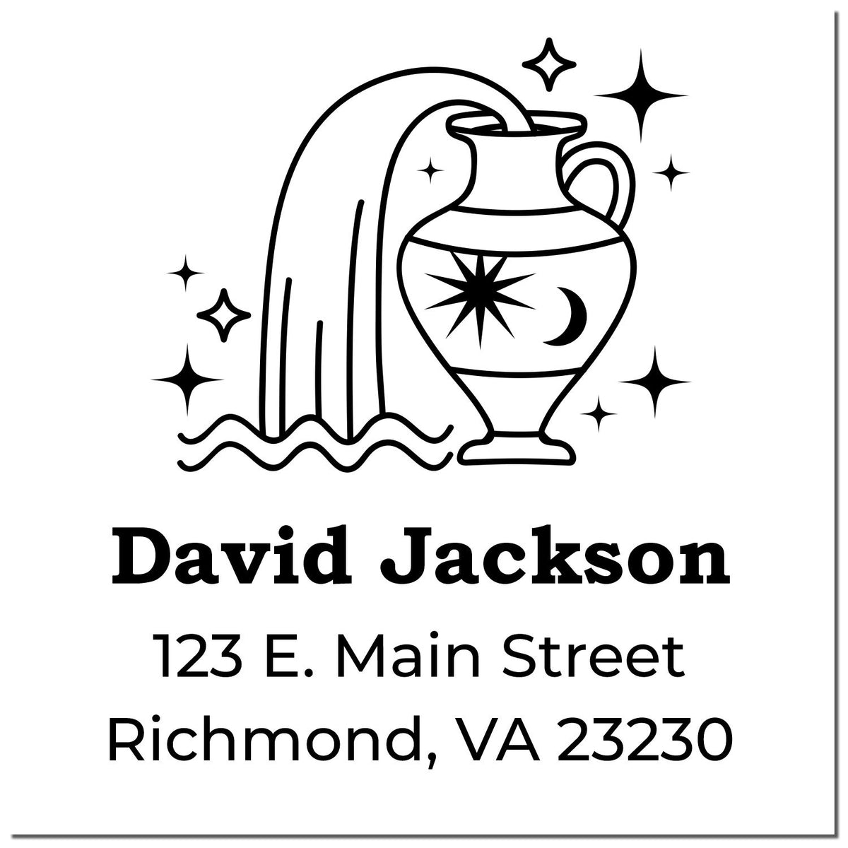 Black personalized stamp seal with amphora and star icons, labeled David Jackson, 123 E. Main Street, Richmond, VA 23230