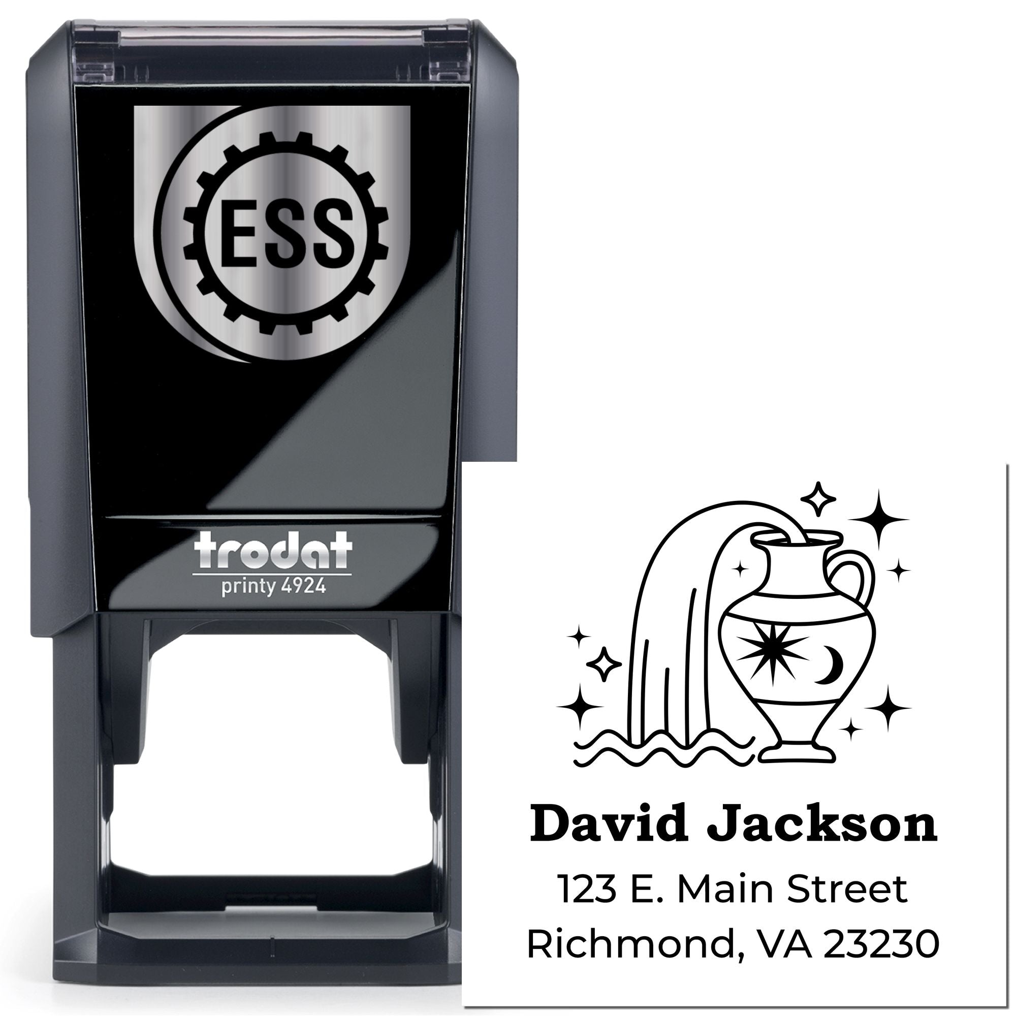 Black self-inking ESS stamp and custom seal with silver gear logo, urn icon, and David Jackson address details