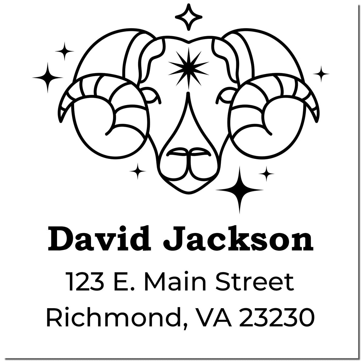 Custom black stamp seal design with ram skull, stars, David Jackson, and Richmond, VA address.