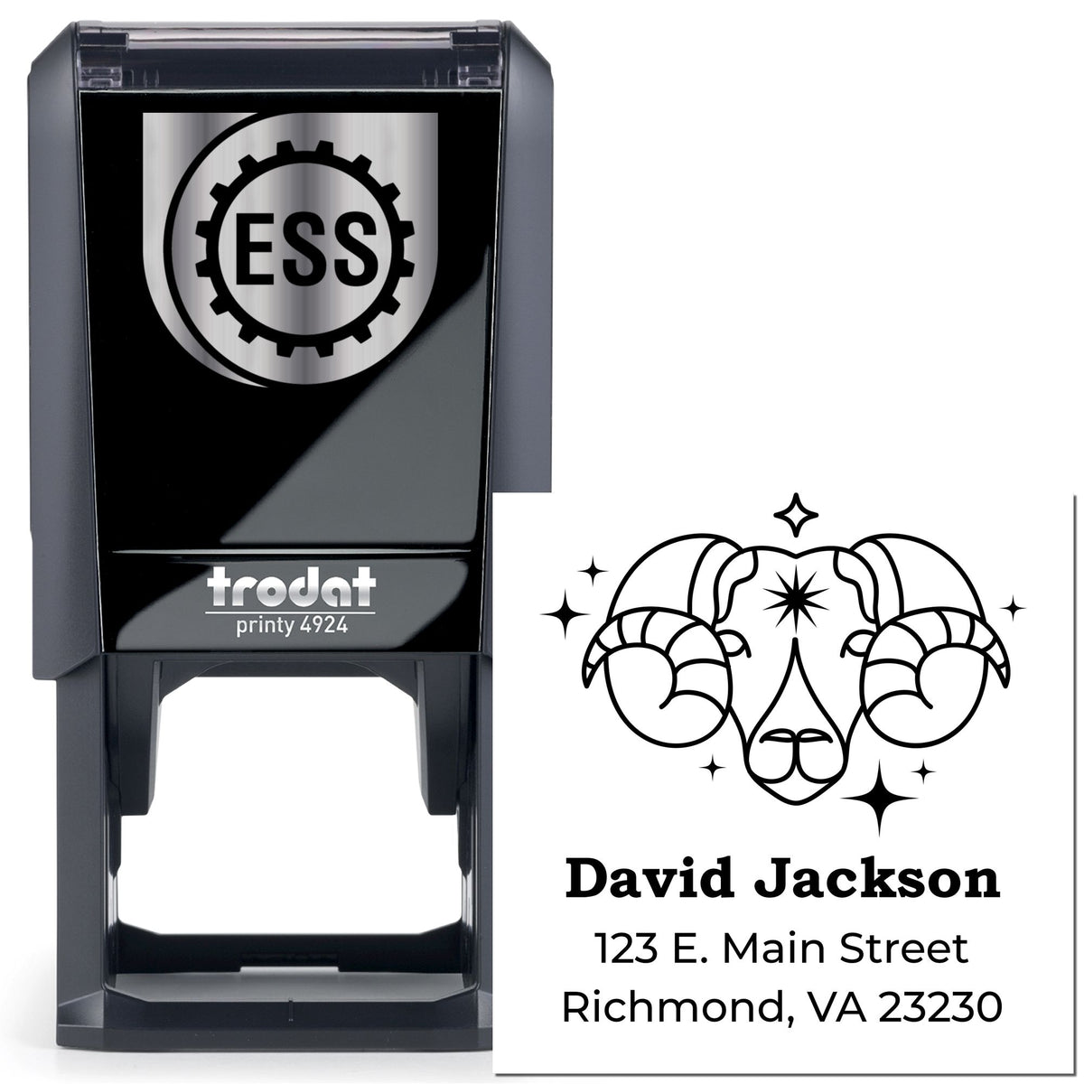 Black Trodat self-inking stamp and custom seal with ram skull design, David Jackson address, on white background.