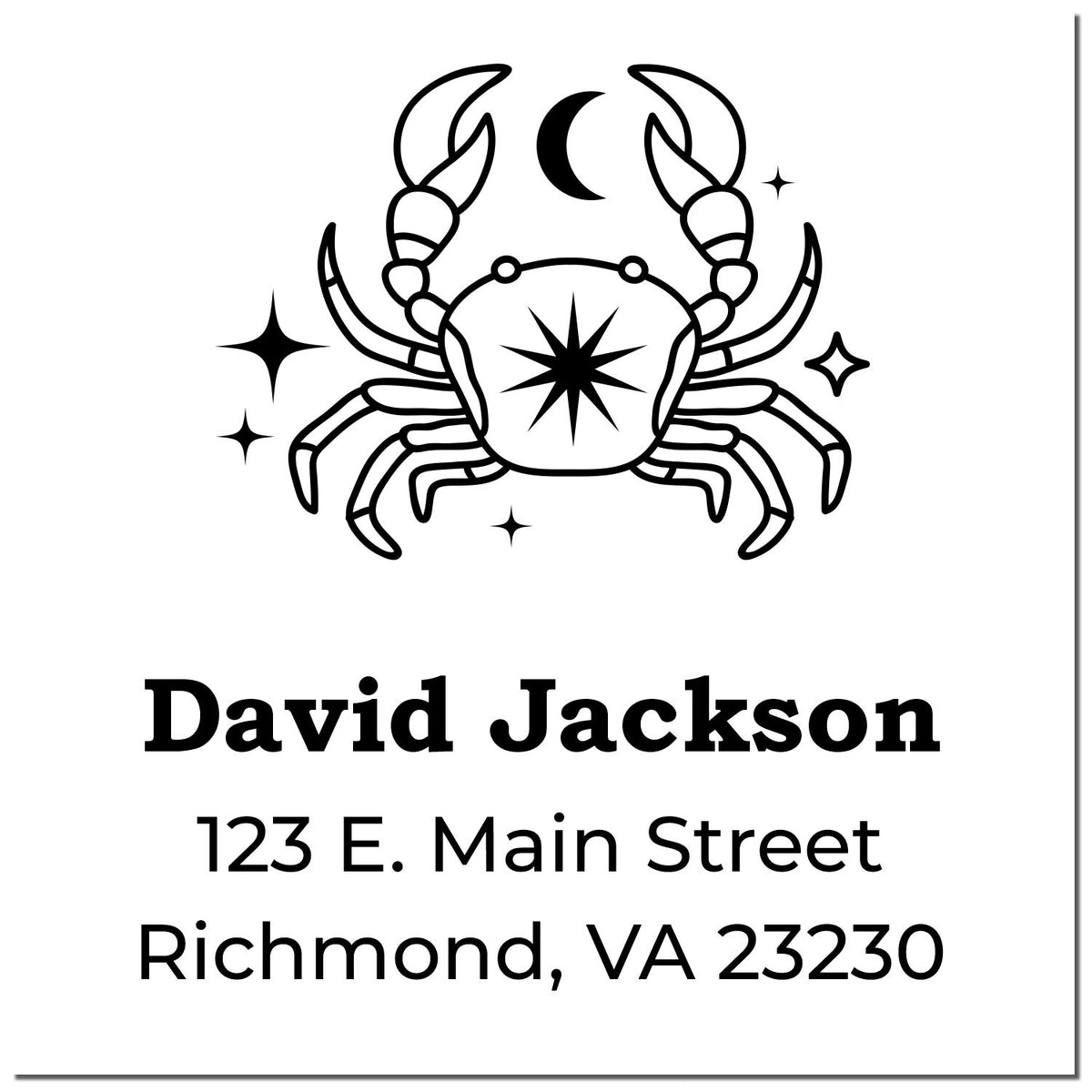 Black custom stamp and seal with crab, crescent moon and stars; David Jackson, 123 E. Main Street, Richmond, VA 23230