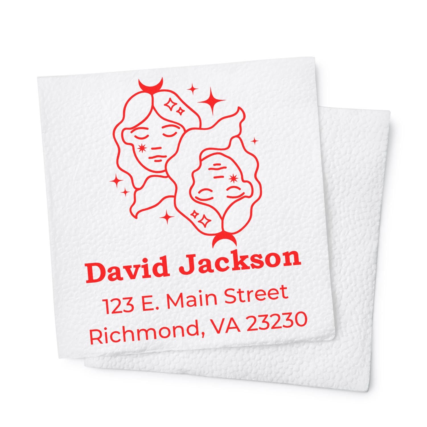 Custom red stamp seal with two faces and sparkles, labeled David Jackson with Richmond, VA address on white textured paper.