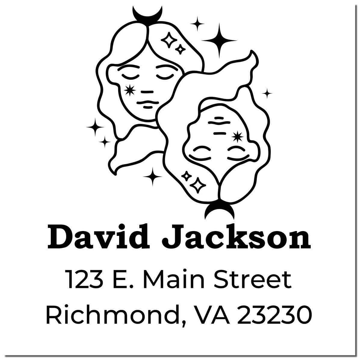 Black custom stamp seal with two celestial faces and sparkles, featuring David Jackson, 123 E. Main Street, Richmond, VA 23230.