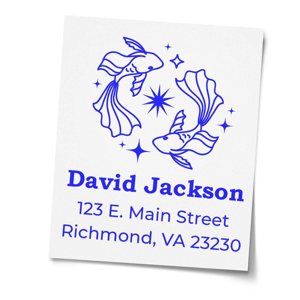 Blue custom return-address stamp and seal with fish and stars for David Jackson, Richmond, VA 23230