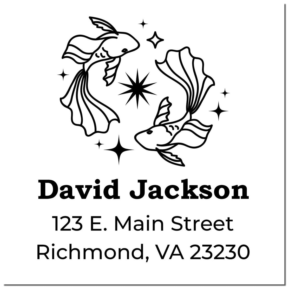 Black custom stamp seal with two fish, stars, and personalized name and address on a white background.