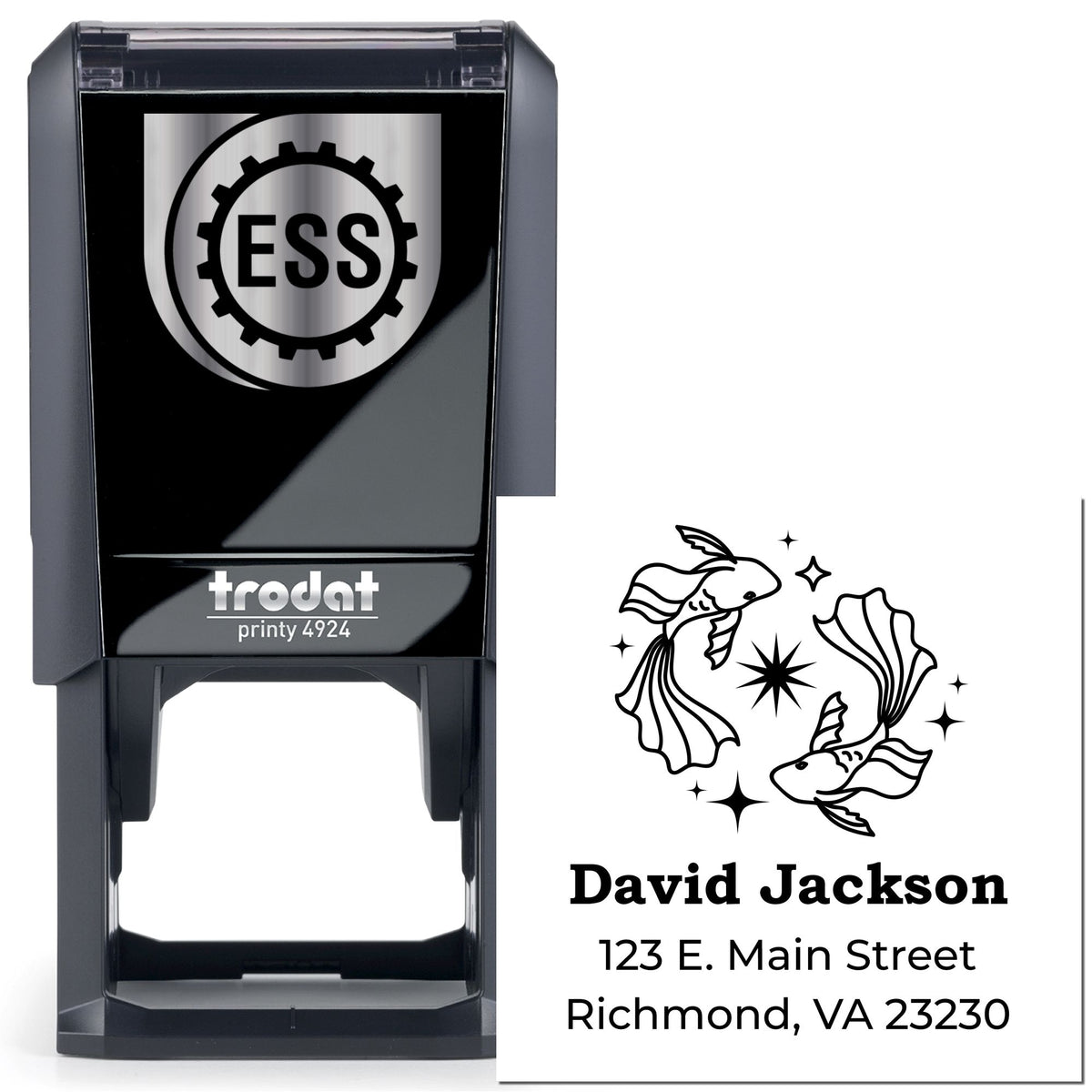 Black self-inking ESS stamp and custom seal on white, featuring a fish emblem, sparkles, and address text.