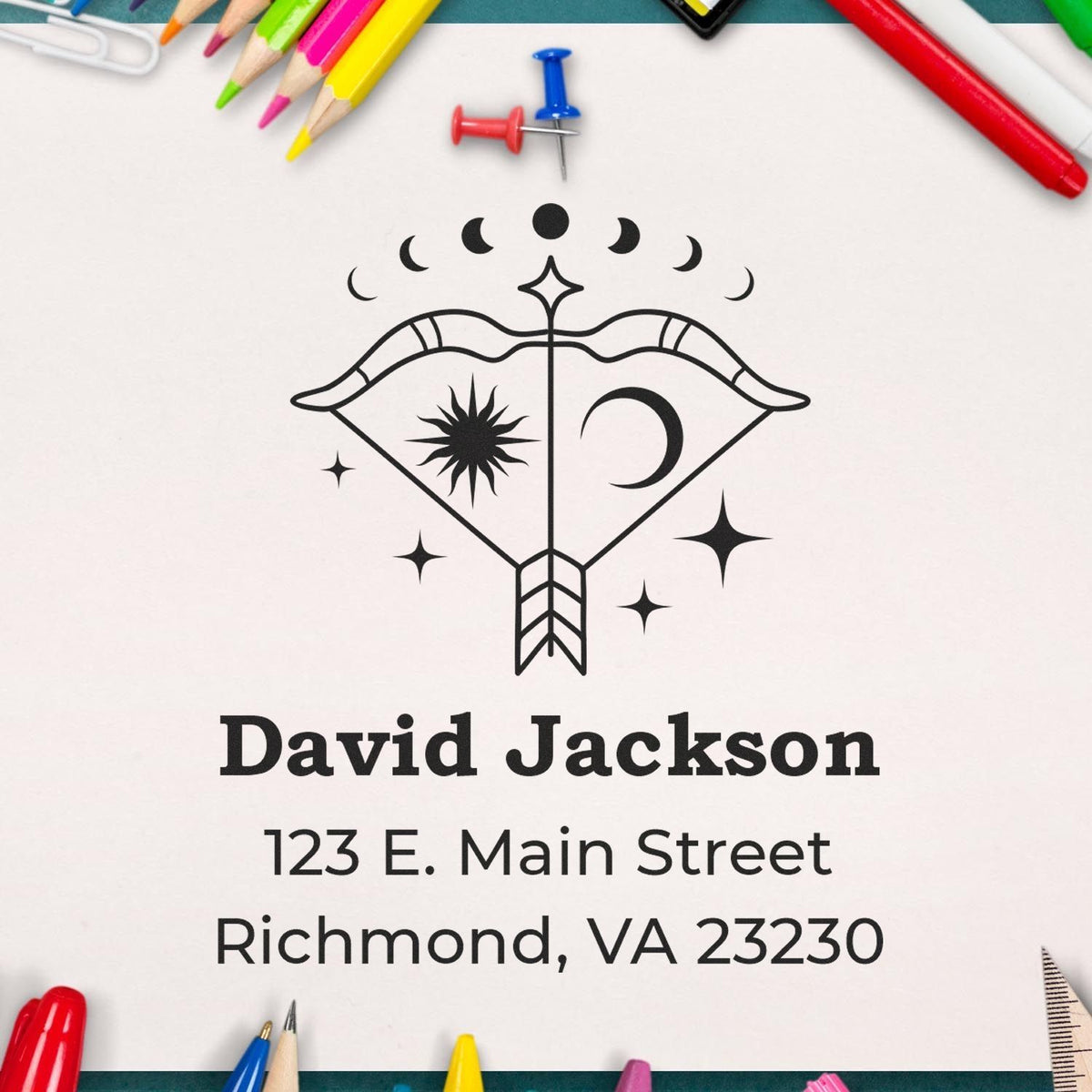 Custom black celestial stamp seal with moon, sun and stars for David Jackson, Richmond, VA 23230.