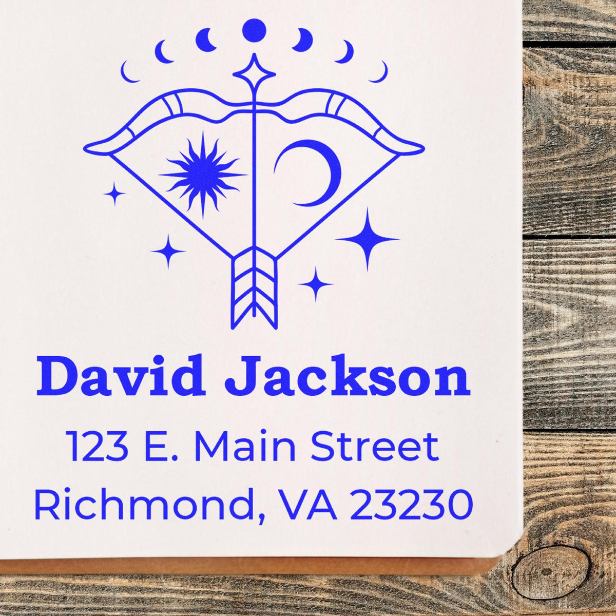 Blue custom stamp and seal with celestial ram emblem, David Jackson name, and Richmond, VA address on white background.