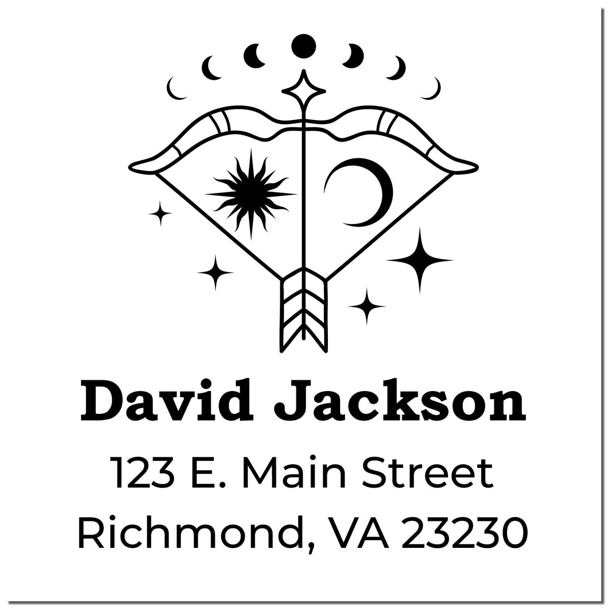 Black custom stamp seal with celestial emblem, stars, sun, moon, and David Jackson return address.