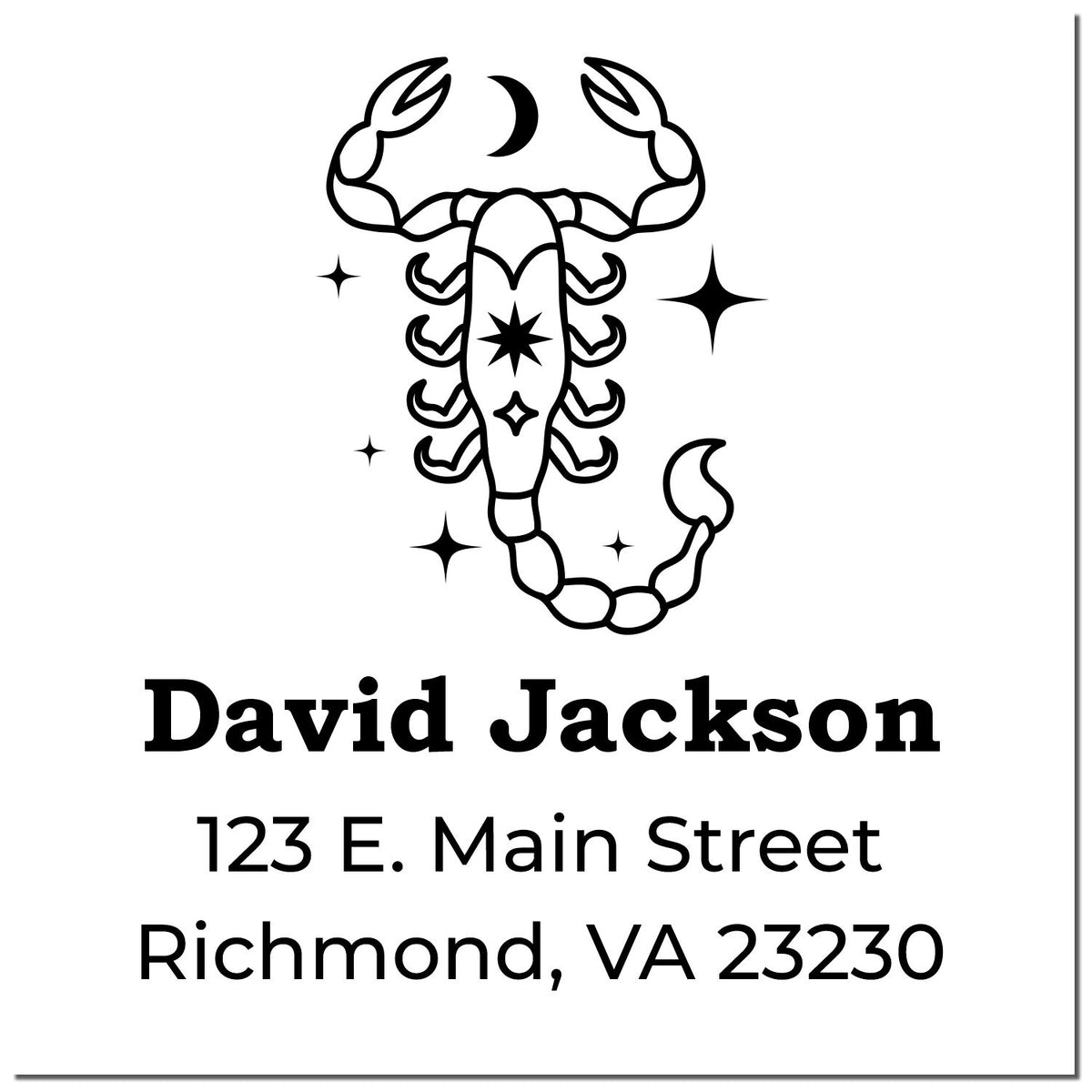 Black custom stamp and seal with scorpion, stars, and moon; David Jackson, Richmond VA 23230.