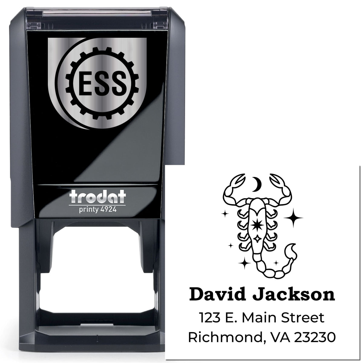 Black self-inking stamp and seal set with silver ESS logo, scorpion design, and custom address for David Jackson.