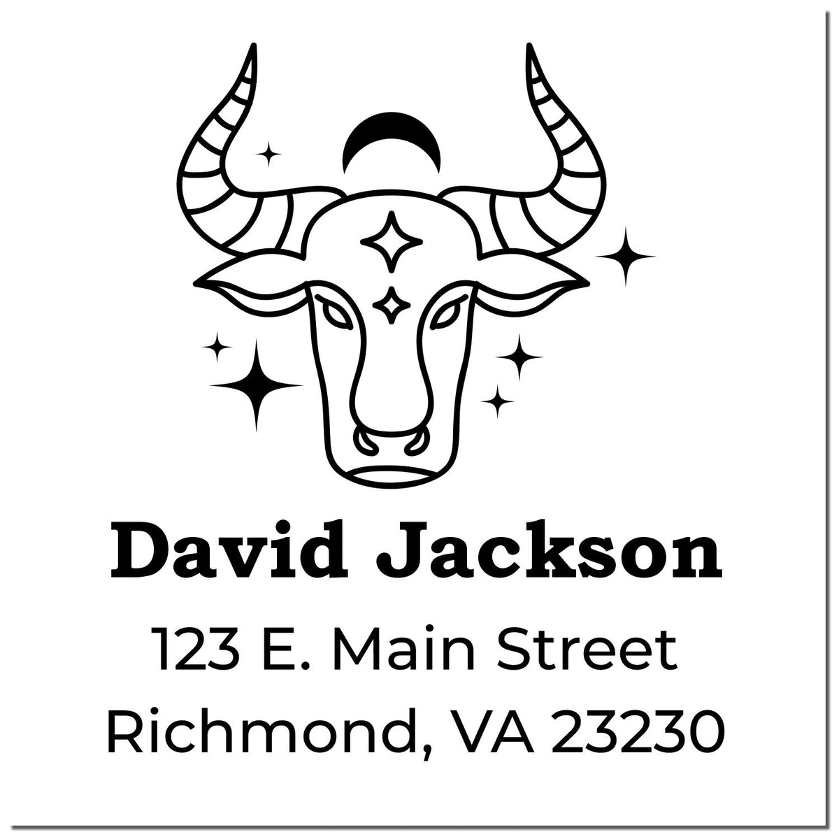 Black custom stamp seal with bull skull logo and stars, personalized with David Jackson, address, and Richmond, VA 23230