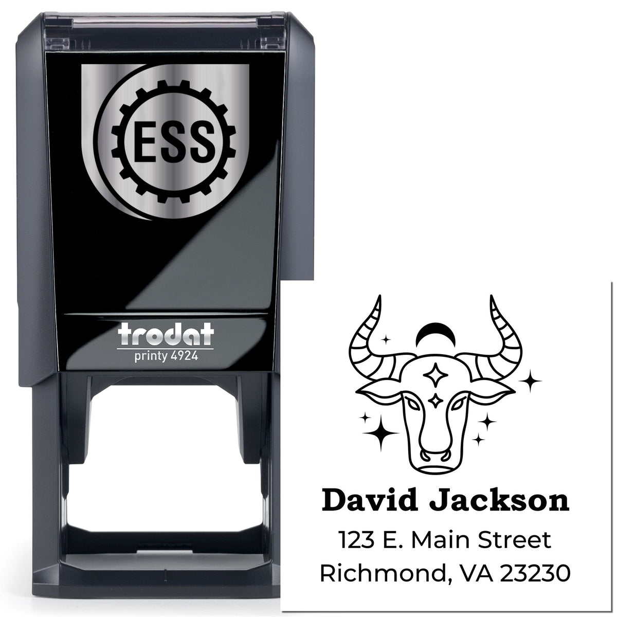 Black Trodat Printy 4924 self-inking stamp and white seal design with bull skull, David Jackson name and address.