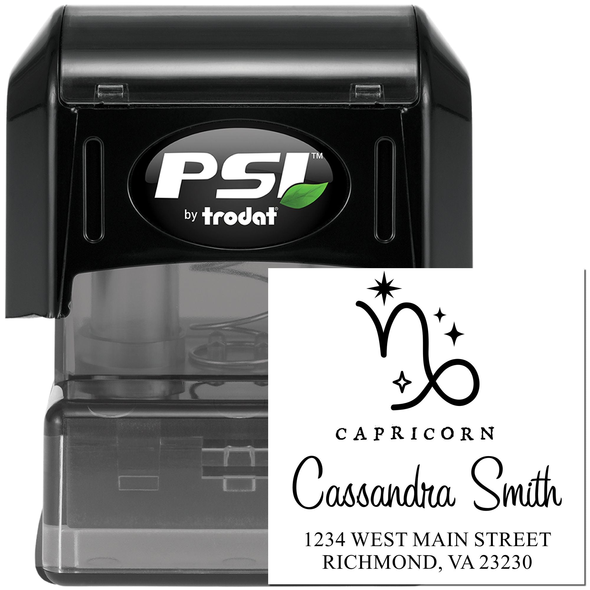 Black PSI by trodat self-inking stamp and custom Capricorn seal design with name and address