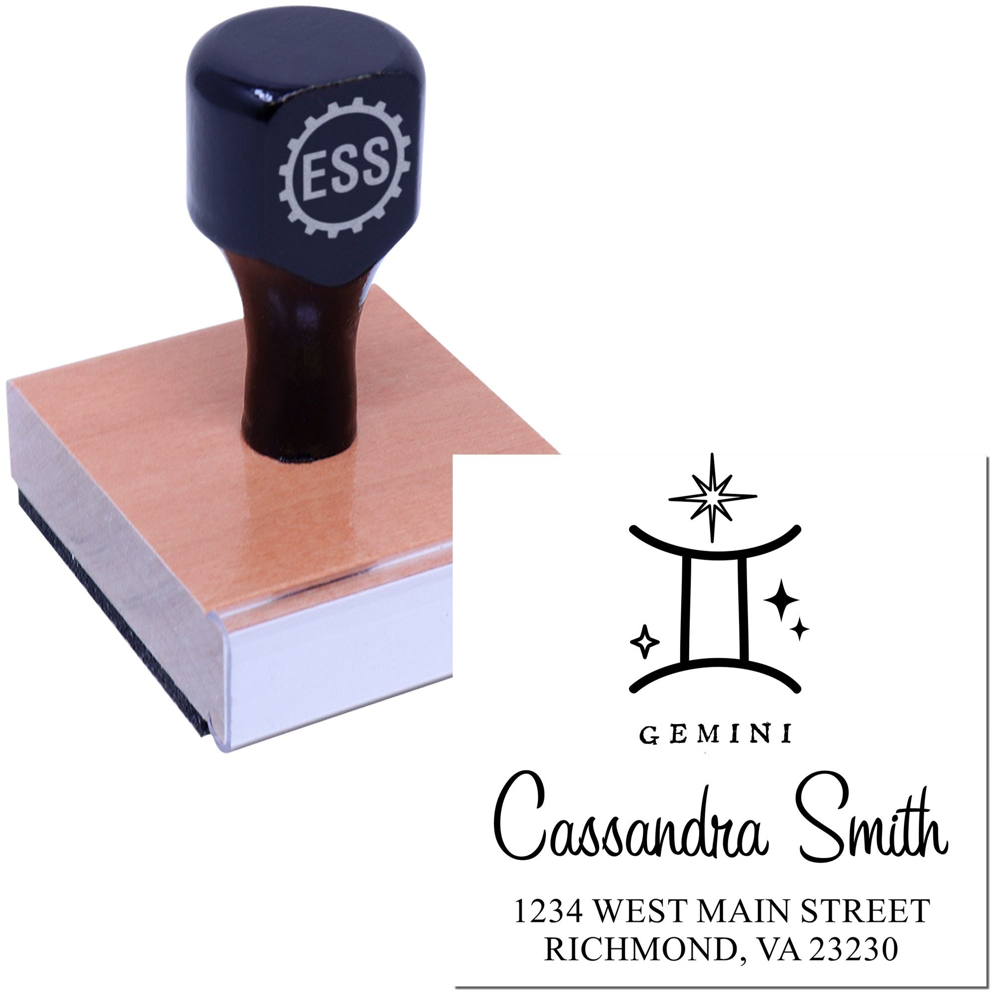 Black ESS rubber stamp on wooden base with Gemini seal, Cassandra Smith name, and Richmond, VA address.