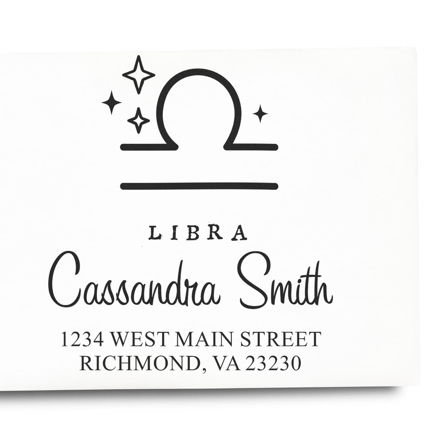 Black custom Libra stamp seal with stars, Cassandra Smith, and Richmond, VA address on white background.