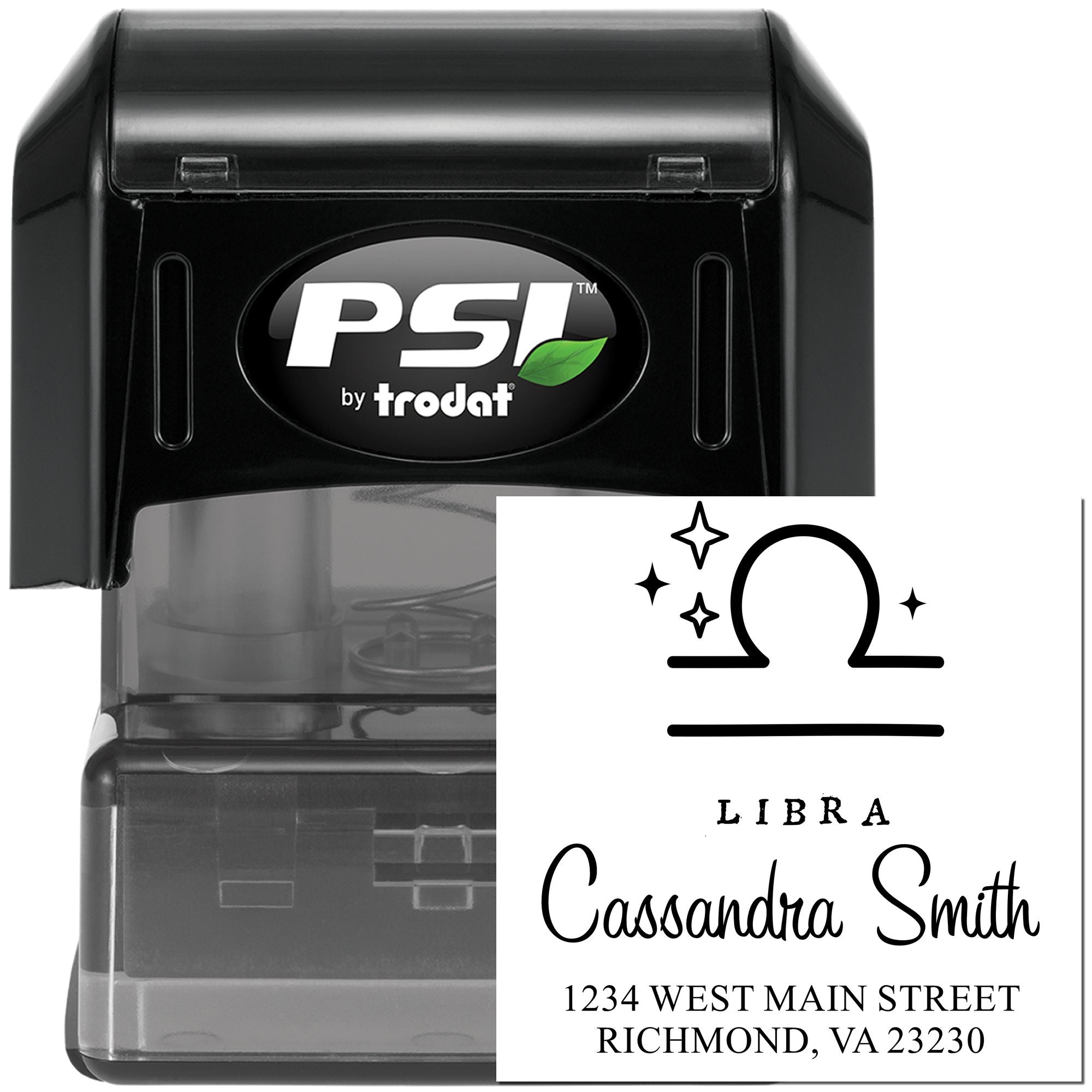 Black PSI by trodat self-inking stamp with clear case and custom Libra embossing seal for Cassandra Smith.