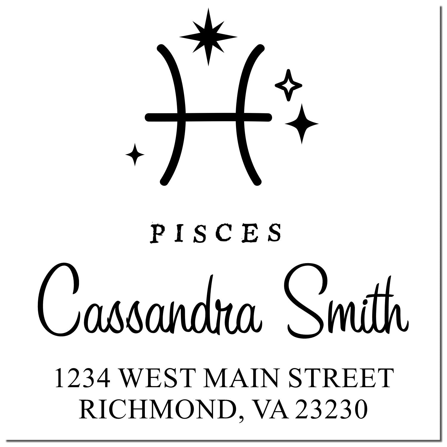 Black-and-white Pisces custom address stamp and seal with zodiac symbol, stars, Cassandra Smith, and Richmond, VA address.