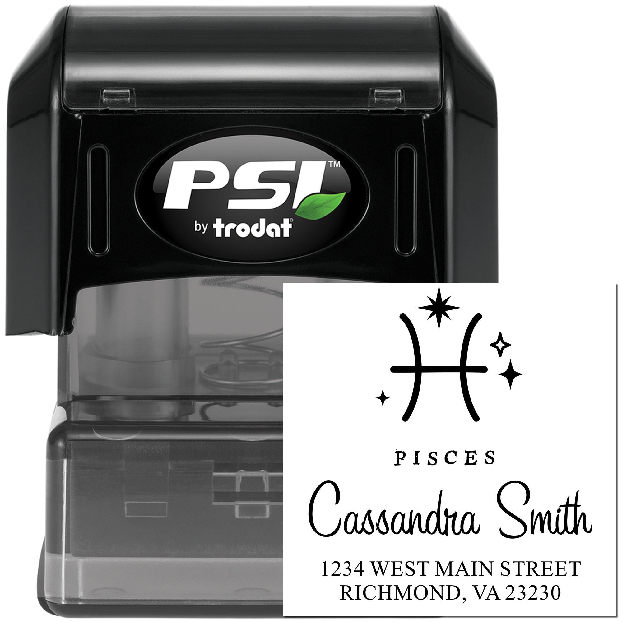 Black PSI by trodat self-inking stamp with Pisces custom seal design and address card.
