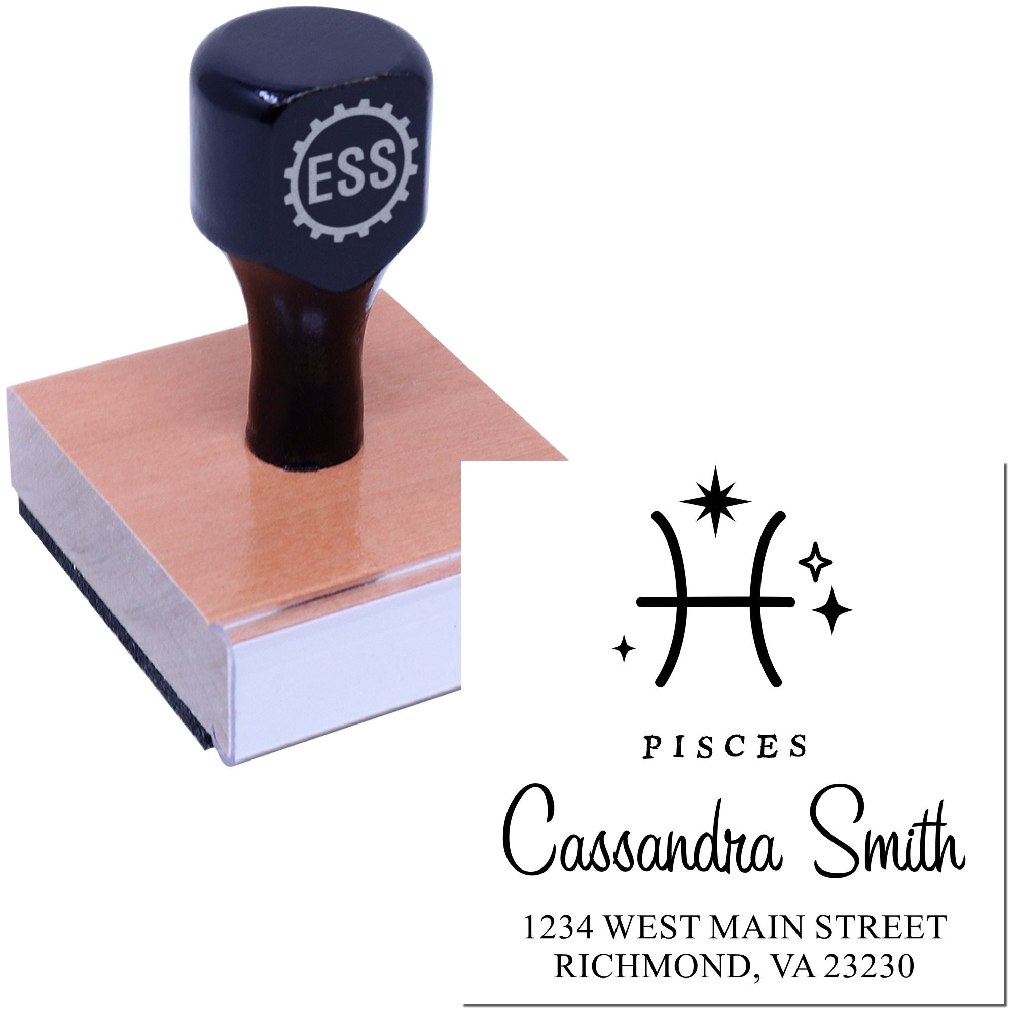 Dark blue custom stamp and seal with ESS logo, showing a Pisces seal for Cassandra Smith on a wood mount.