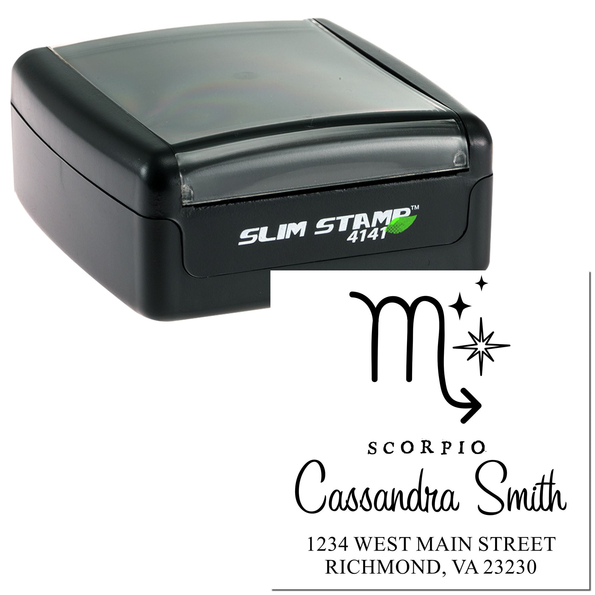 Black slim self-inking stamp and seal for Scorpio, with custom name, symbol, and address imprint.