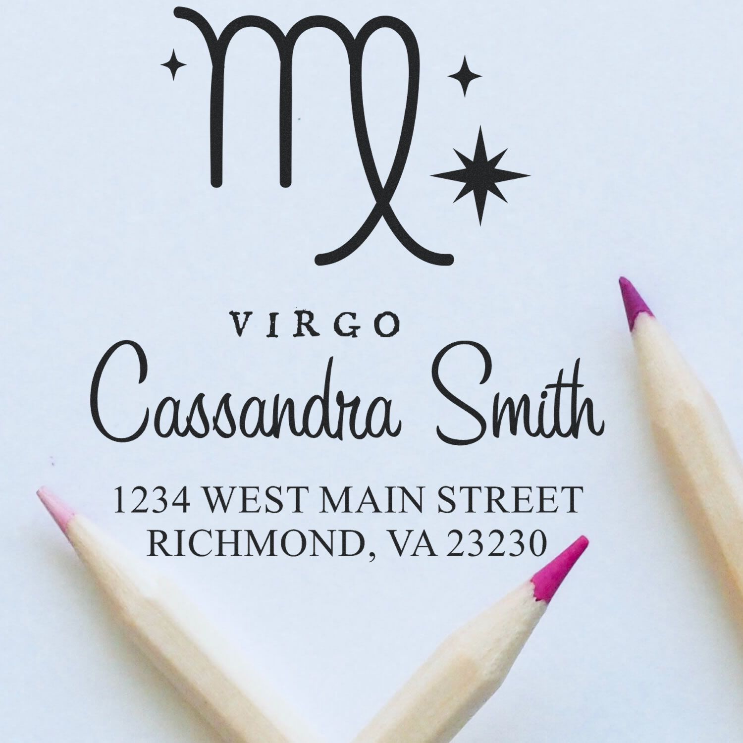 Custom black Virgo stamp and seal with Cassandra Smith, Richmond VA address, and pink pencils