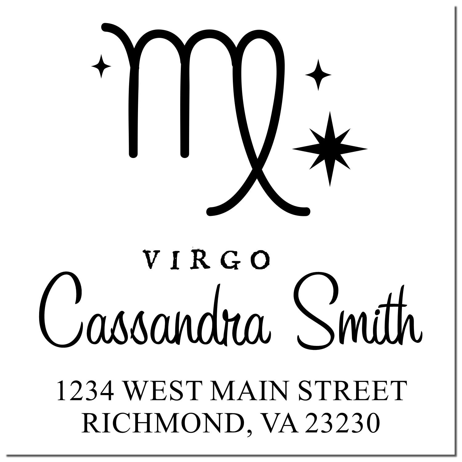 Black Virgo stamp and seal with zodiac symbol, sparkles, Cassandra Smith, and Richmond, VA 23230.